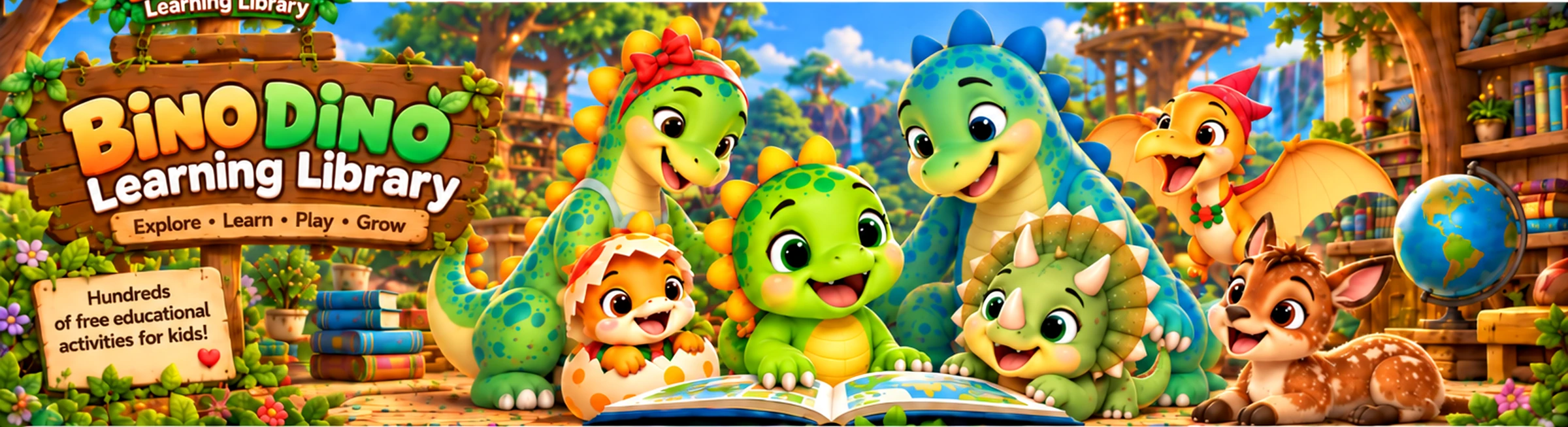 Bino Dino and his family exploring an illustrated book in a magical forest learning library